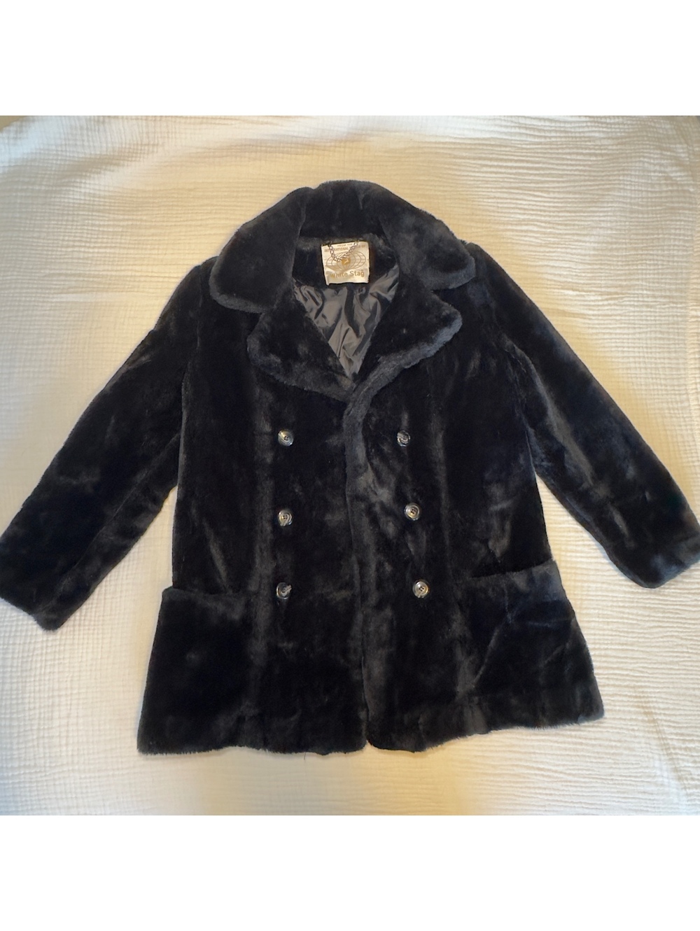 Vintage White Stag Black Faux Fur Coat Women’s L Est. Double Breasted
